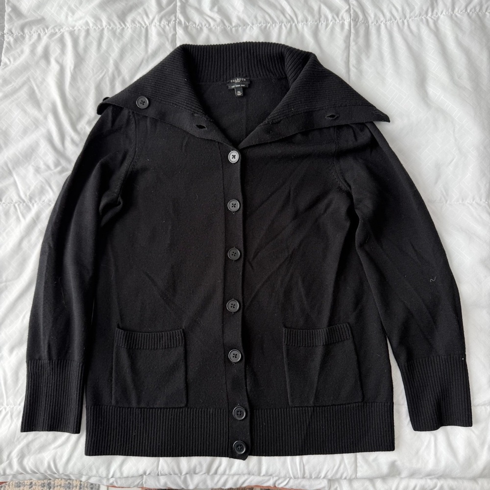 Talbots Pure Merino Wool Cowl Neck Sweater Cardigan MP Black Buttons Pockets